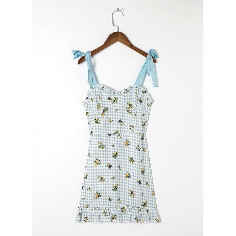 Casual Dresses For Women Elegant Sweetheart Neck Sleeveless Tie Strap Summer Dress Floral Print Plaid Ruffle Hem Mini Dress voguable