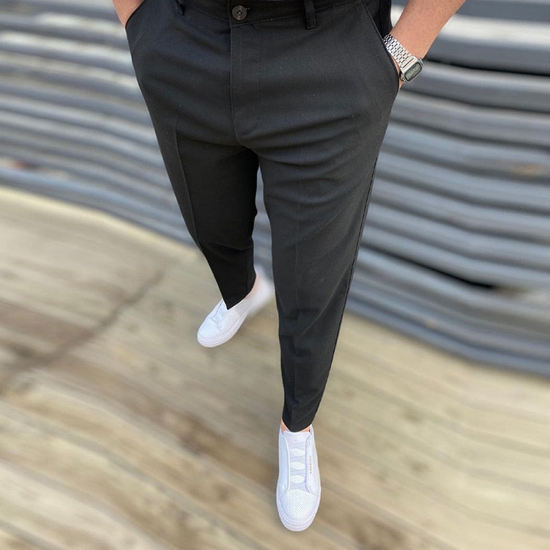 Voguable Autumn Casual Business Men Solid Pants Fashion Slim Fit Long Trouser For Men's Mid Waist Buttoned Design Pants Spring Streetwear voguable