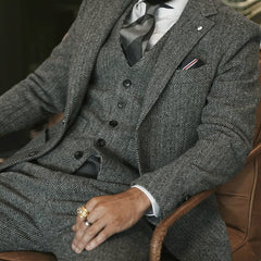 Voguable Gray Woollen Herringbone Men Suits for Wedding Groom Tuxedo 3 Piece Tweed Custom Fashion Set Jacket with Pants Waistcoat 2020 voguable