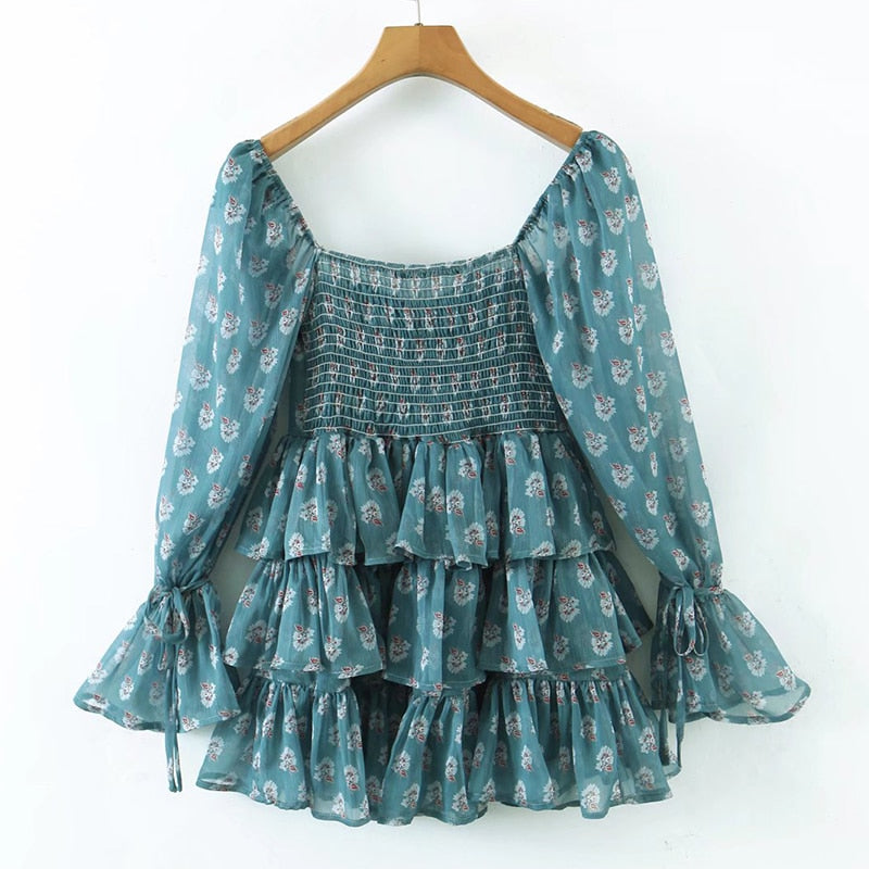 Voguable  Summer Women Floral Print Ruffle Cake Chiffon Dress Sexy Collar Long Sleeve Holiday Vintage Dress Ladies Short Robe voguable