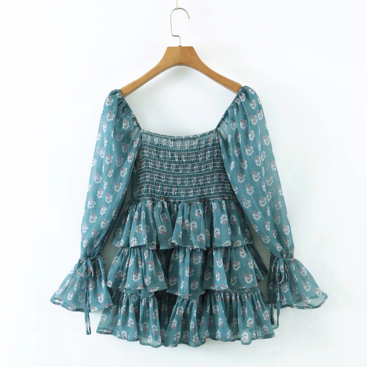 Voguable  Summer Women Floral Print Ruffle Cake Chiffon Dress Sexy Collar Long Sleeve Holiday Vintage Dress Ladies Short Robe voguable
