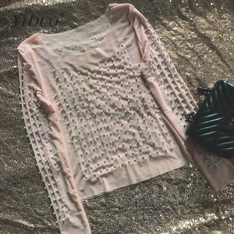 Voguable  Women Transparent O-Neck Long Sleeve Sexy Lace Mesh Shirt Club Party Tops Ladies 2020 Spring Pearl Beading Blouse Blusas voguable