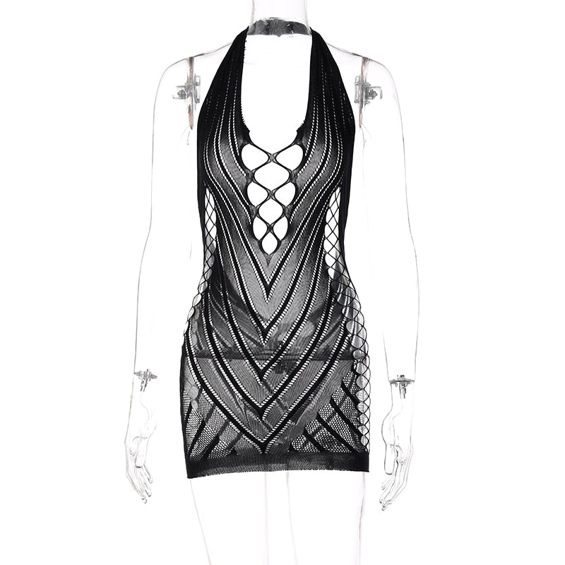 Voguable spring outfits 2022   Solid Halter Sleeveless Backless Mesh Hollow Out Mini Dress 2021 Summer Fall Bodycon Sexy Party Club Elegant Y2K voguable
