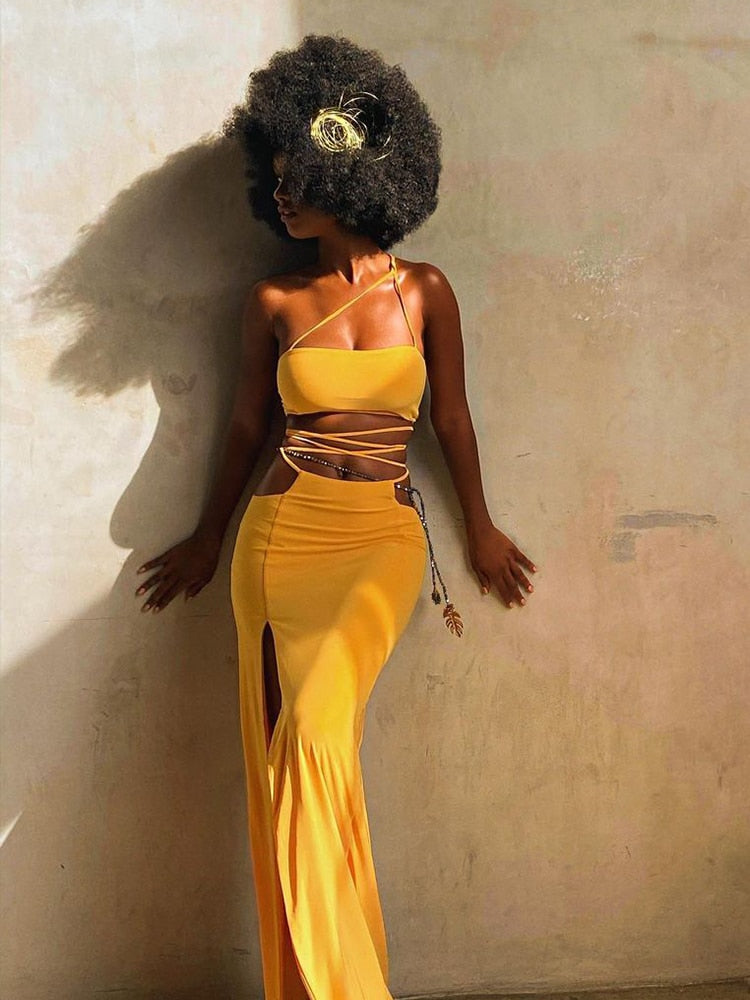 Strapless Crop Top and Long Dress Two Piece Set Yellow Women Summer Outfits Slit Party Club Vacation Beach Maxi Dress voguable