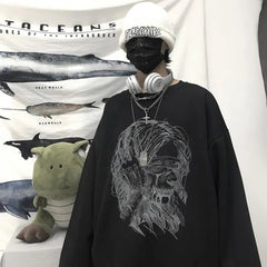 Voguable Retro dark printed sweatshirt for couples to wear loose black long sleeve top fashionable wide Songyuan night style album top voguable