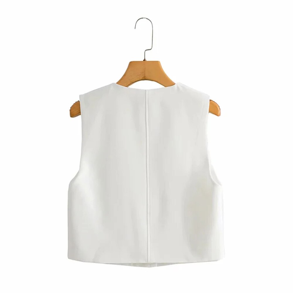 Voguable  2022 Women Elegant White Streetwear Sleeveless Short Vest Female Vintage Slim V-Neck Single-breasted Casual Waistcoat voguable