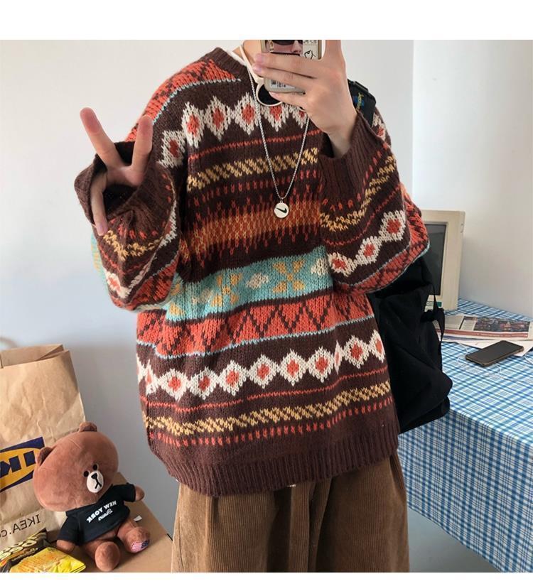 Voguable Men's Knitted Vintage Graphic Sweater with Pattern Brown Blue Pullovers Sweaters and Jumpers Korean Streetwear Harajuku voguable