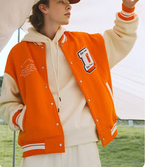 Voguable  Unisex Varsity Jacket Urban Streetwear Vintage Fleece Bomber Jacket with Embroidery Couple Orange Baseball Coat voguable
