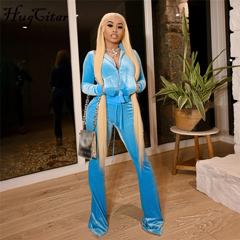 Voguable  Simple Casual 2 Piece Set Women Solid Velour Zipper Long Sleeve Turtleneck Top Lace Bandage Slim Female Wide Leg Pants voguable