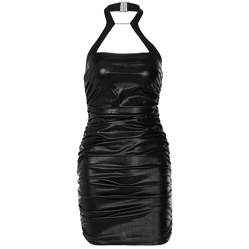 Voguable Pu Leather Solid Halter Sleeveless Masonry Draped Backless Mini Dress 2022 Spring Slim Elegant Street Party Outfits Y2K voguable