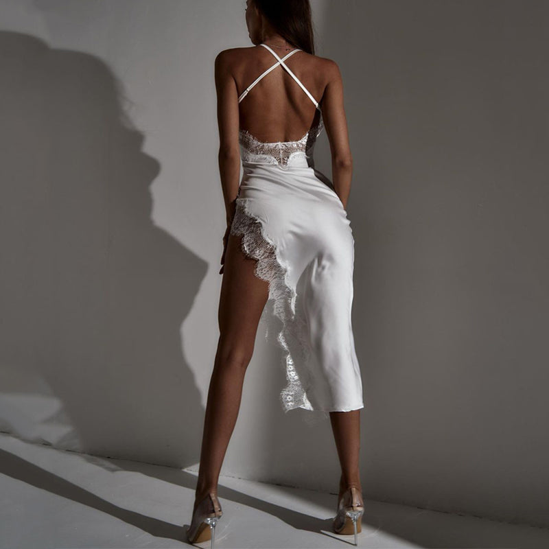 Voguable  Satin Solid Halter Bandage Backless Lace Sexy Irregular Maxi Dress 2022 Spring Sexy Evening Party Elegant Robe voguable