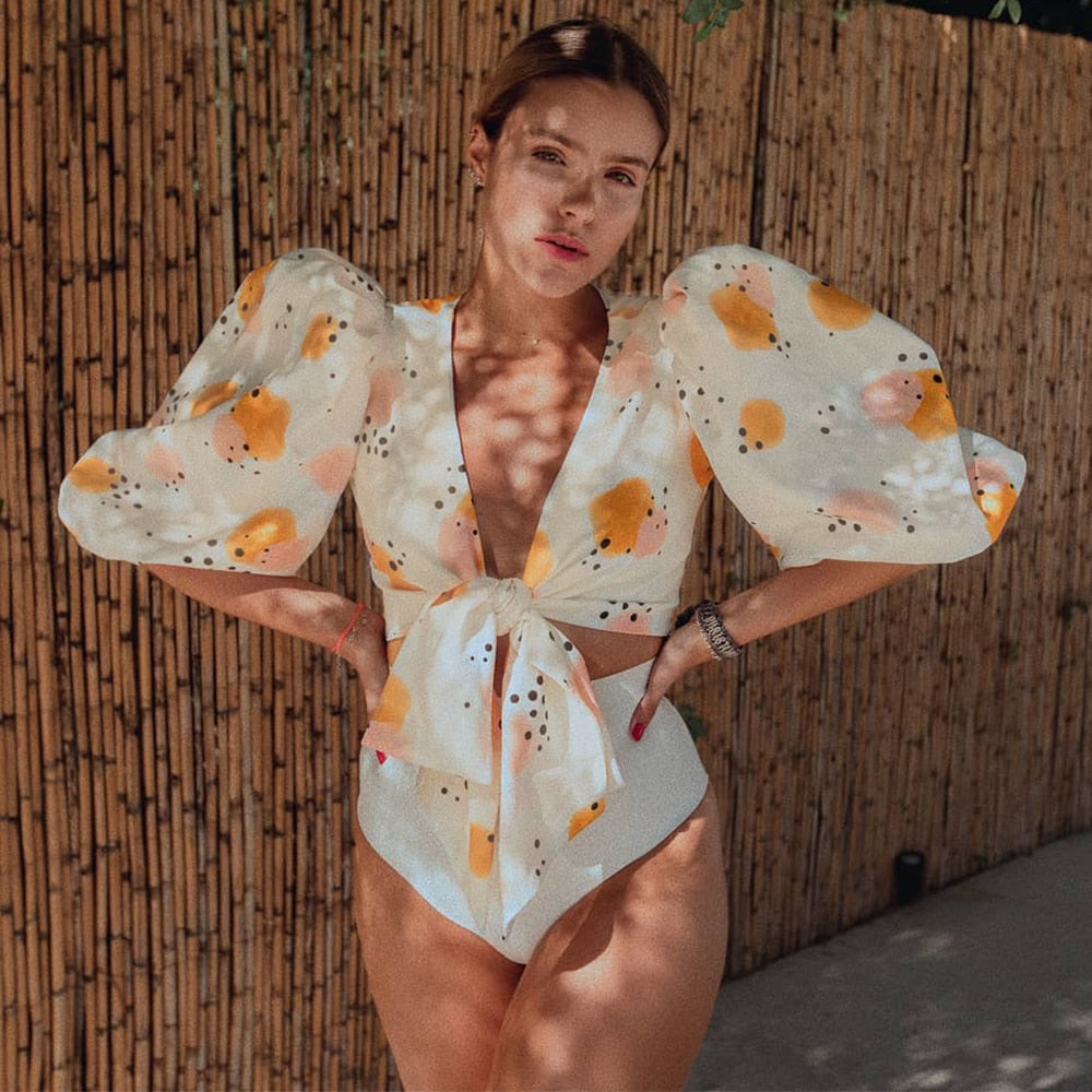 Voguable High Waist Bikini 2022 New Long Sleeve Sleeve Swimsuit Off-Shoulder Swimwear Women Bubble Sleeve Bikinis Sexy Mesh Beach Wear voguable