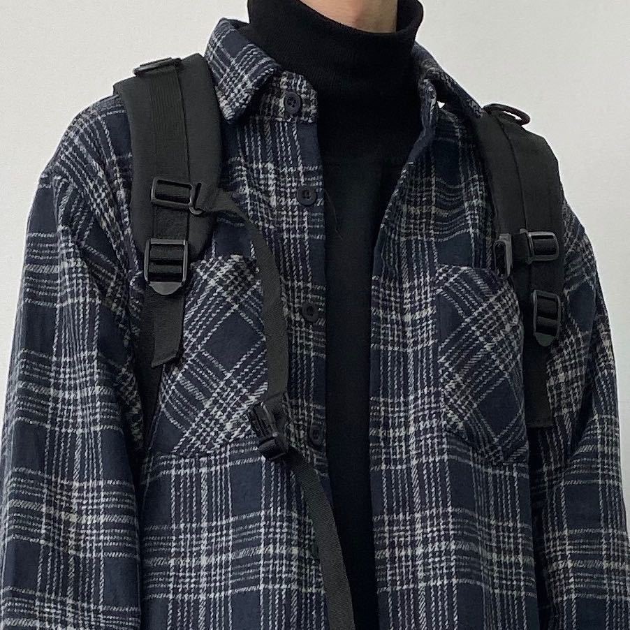 Voguable Japanese Fashion Retro Woolen Tooling Plaid Shirt for Men Cotton Turn-down Collar Buttons Long Sleeve Loose Casual Harajuku voguable