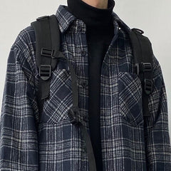 Voguable Japanese Fashion Retro Woolen Tooling Plaid Shirt for Men Cotton Turn-down Collar Buttons Long Sleeve Loose Casual Harajuku voguable