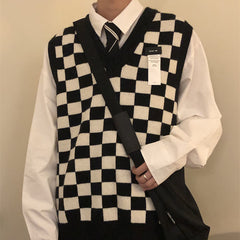 Voguable New Autumn Arctic Velvet Checkerboard Pattern Men's Sweater Vest Retro V-neck Sleeveless Knit Vest Woolen Korean Clothes voguable
