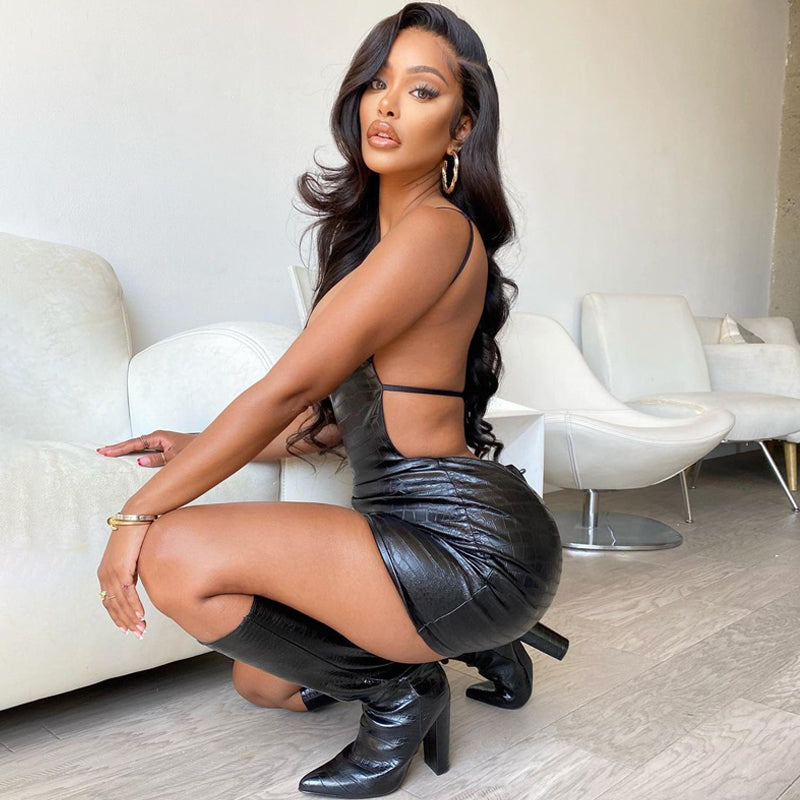 Voguable 2022 Sleeveless Solid Slash Neck Pu Leather Backless Sexy Mini Dress Autumn Winter Women Fashion Party Club Clothings voguable