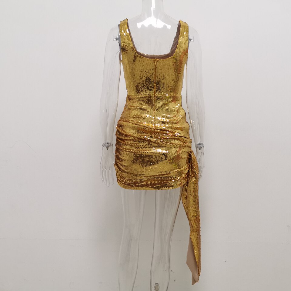 Sleeveless Square Neck Bling Gold Sequin Mini Dress with Drop Sexy High Waist Ruched Short Outfit Celebrity Party Dress voguable