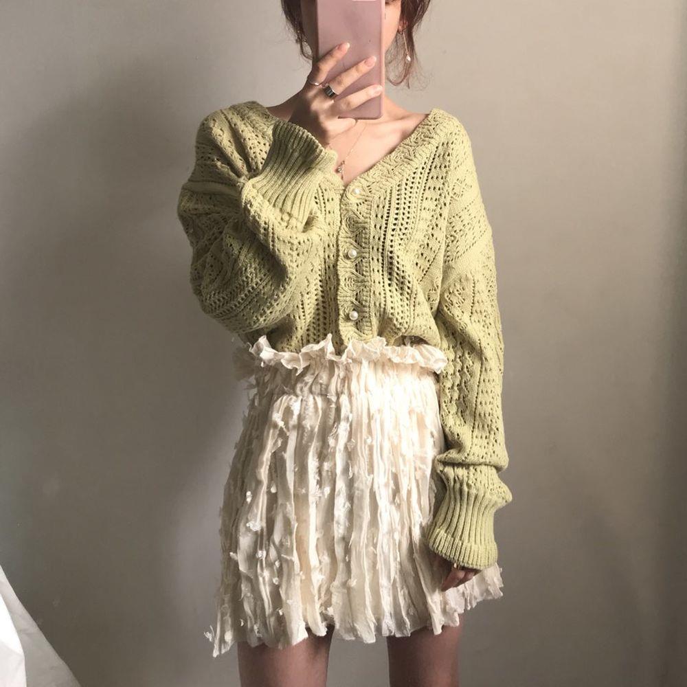 Voguable  Cropped Cardigan Women Spring Chic Hollow Out Elegant V-Neck Korean Vintage Femme Jumper White Sweet Girls Pearls Lady Knitwear voguable
