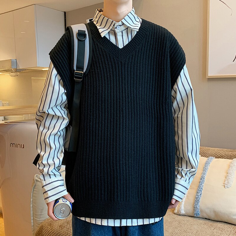 Voguable 2021 Men's Vest Sweater Casual Style Wool Knitted Business Men's Sleeveless Vest Youthful vitality Men's leisure Knit shirt 5XL voguable