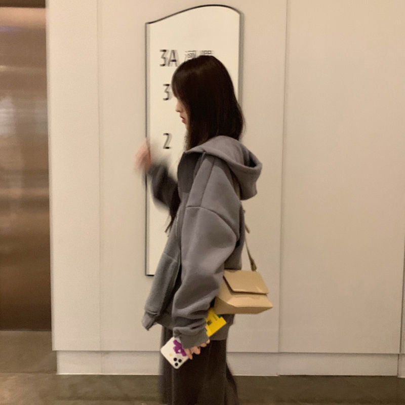 VOGUABLE  Women Hoodies Harajuku Korean Version Zip Up Loose Oversized Sweatshirts Casual Solid Color Long Sleeve Hooded Sweatshirt Coats voguable