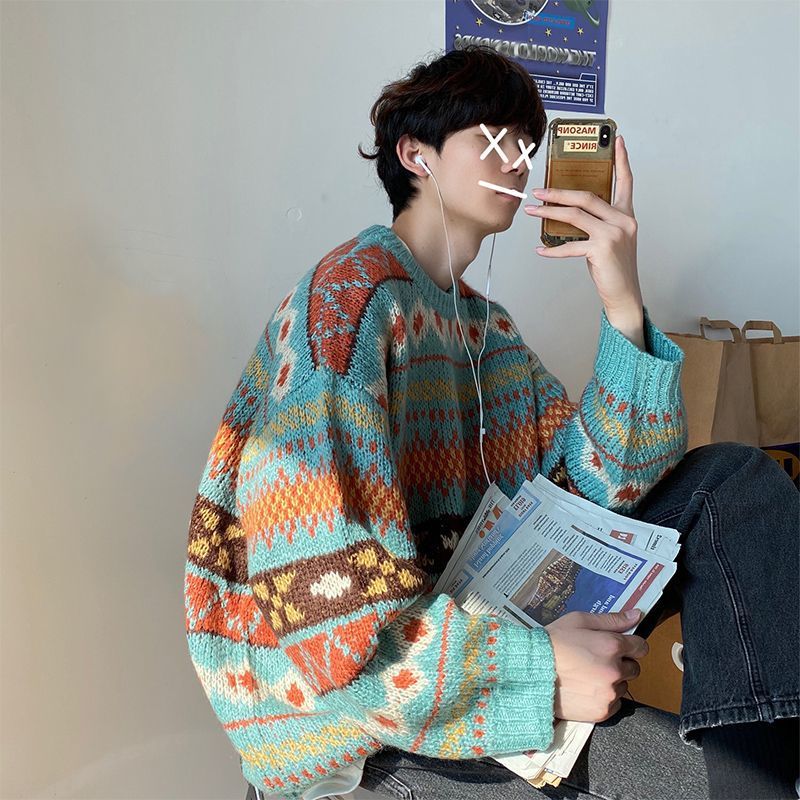Voguable Men's Knitted Vintage Graphic Sweater with Pattern Brown Blue Pullovers Sweaters and Jumpers Korean Streetwear Harajuku voguable