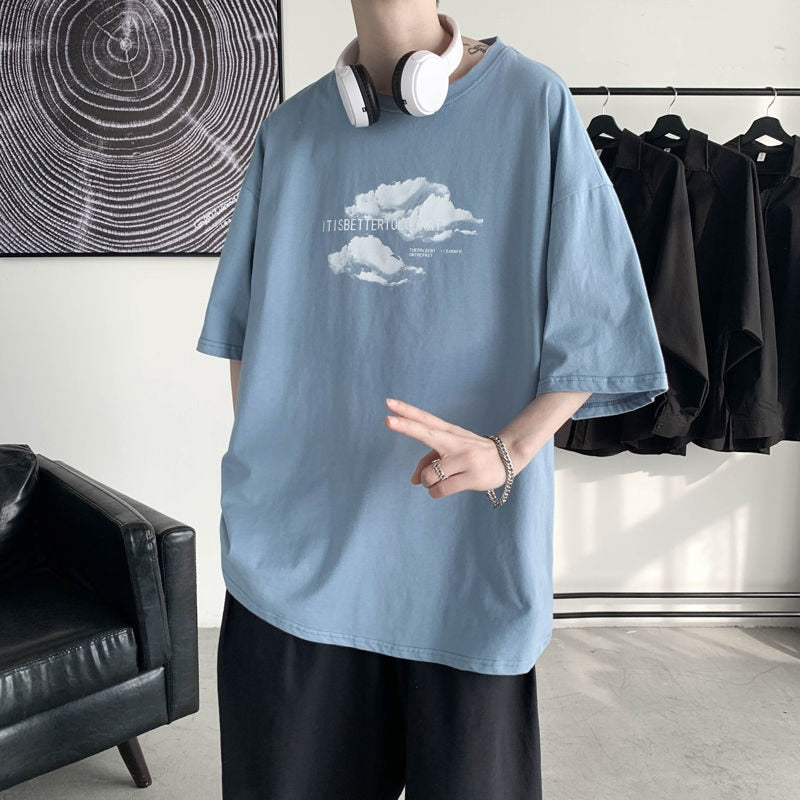 Voguable Summer Men's Short Sleeve Tshirt Loose Round Neck Casual Male Tops Cloud Print Harajuku Fashion Men T Shirt Korean Tees voguable