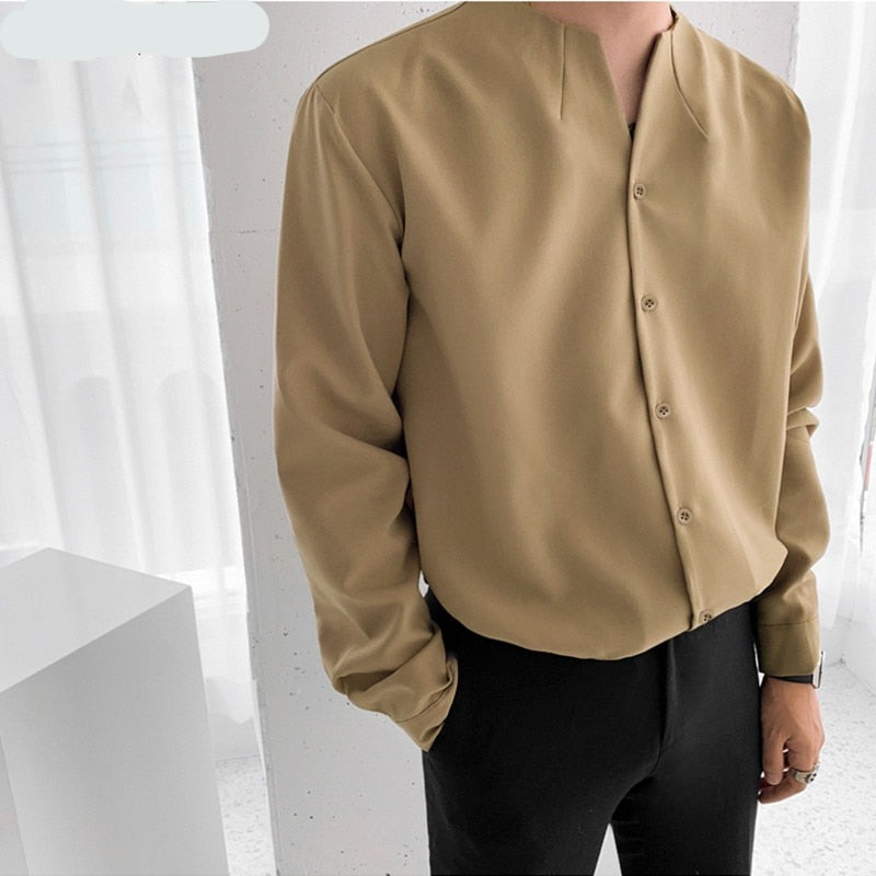 Voguable Fashion Men Brand Shirt Solid Long Sleeve V Neck Chic Button Casual Blouse 2021 Streetwear Korean Style Shirts Camisas voguable