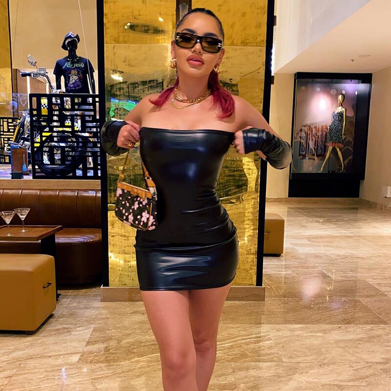 Leather With Gloves Party Dress Women Backless Sexy Hot Clubwear Skinny Slim Solid Fashion Bodycon Mini Dresses voguable