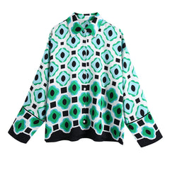 Geometric Print Vintage Women Suits Autumn Fashion Oversized Long Shirts and High Waist Wide Leg Pants Women Set voguable