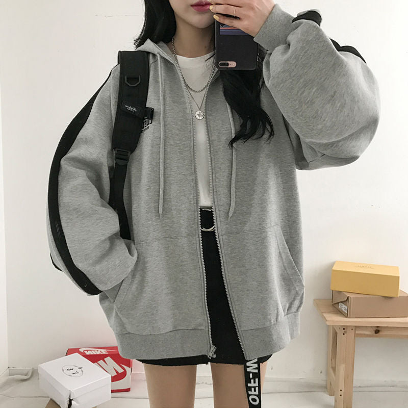 VOGUABLE  Women Hoodies Harajuku Korean Version Zip Up Loose Oversized Sweatshirts Casual Solid Color Long Sleeve Hooded Sweatshirt Coats voguable