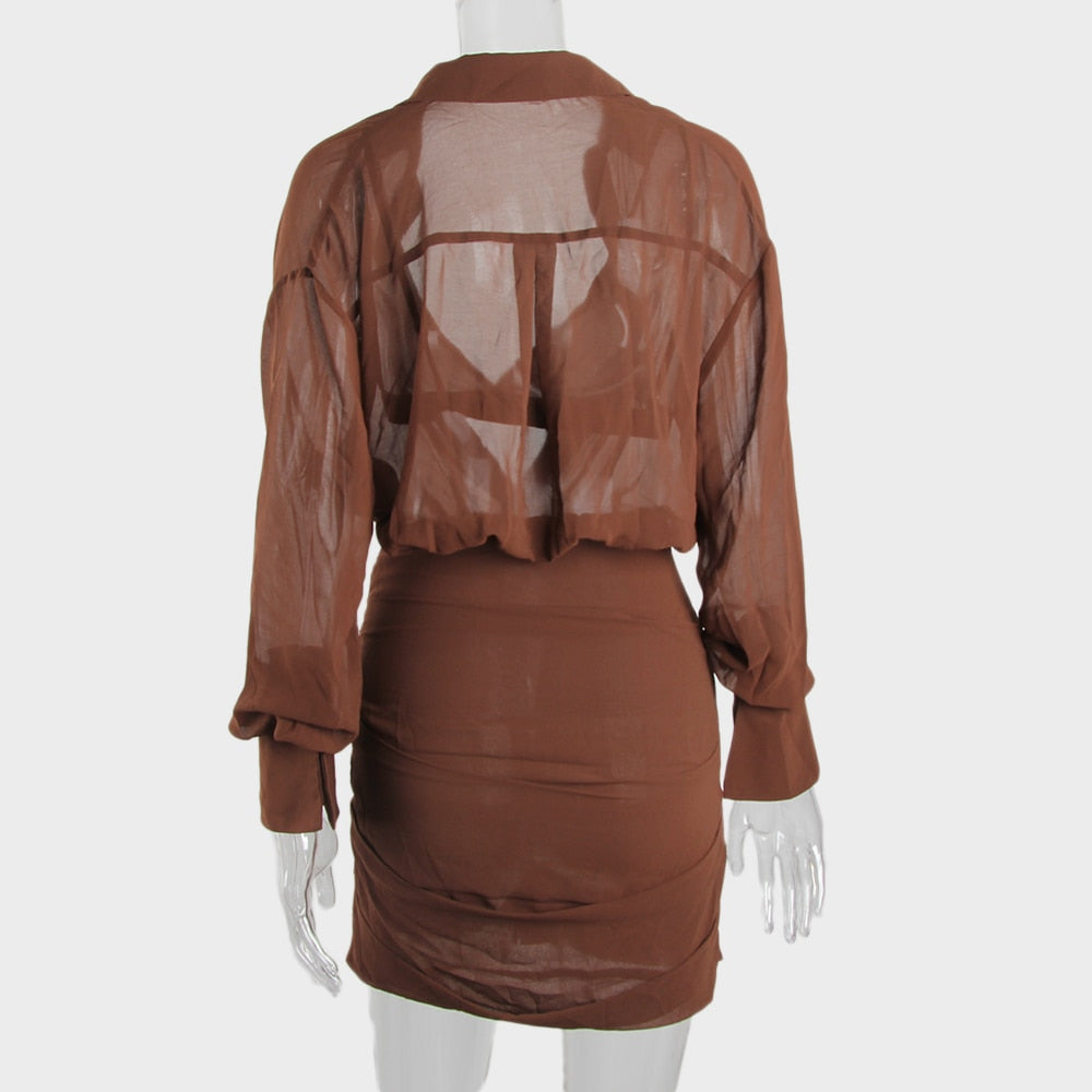 Bra and Dress 2 Piece Set Coffee Chiffon Summer Long Sleeve Open Chest Ruched Vacation Wear Sexy Shirt Dress voguable