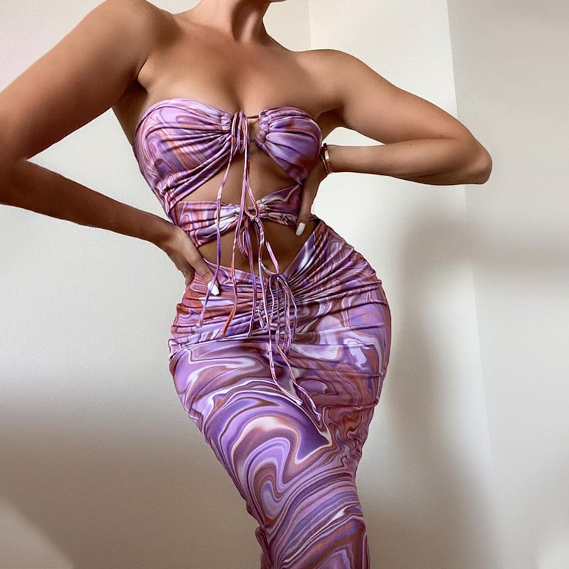 Women Summer Sleeveless Halter Hollow Out Printed Bodycon Package Hip Pencil Dress 2021 Female Clothing Streetwear voguable
