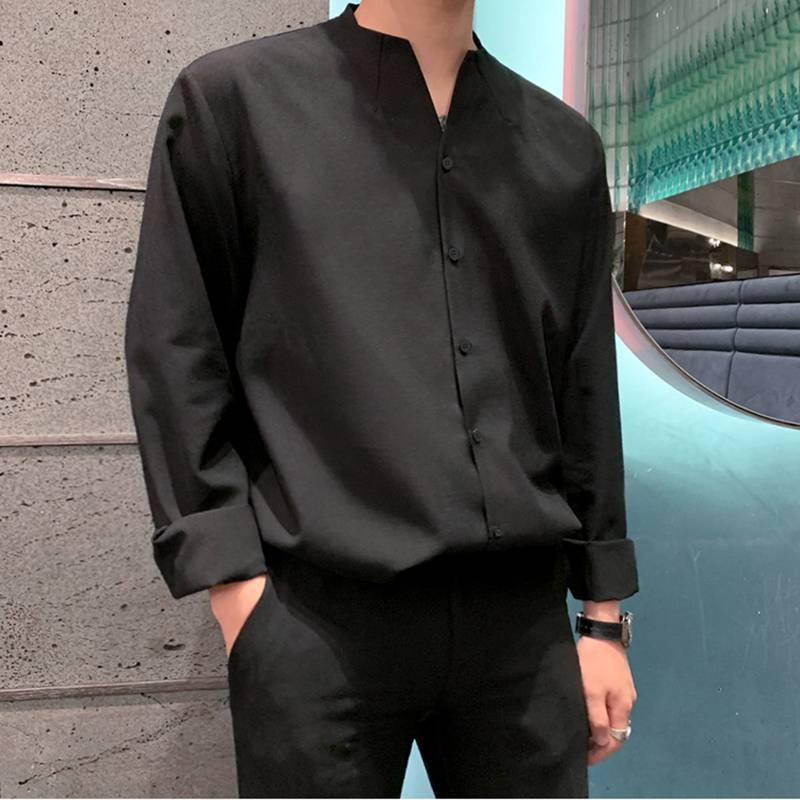 Voguable Fashion Men Brand Shirt Solid Long Sleeve V Neck Chic Button Casual Blouse 2021 Streetwear Korean Style Shirts Camisas voguable