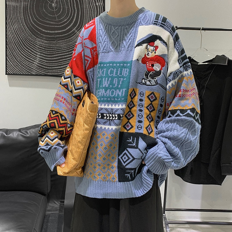 Voguable 2021 Geometry Sweater Jumper Men Korean Loose Knitted Sweater Clothing Oversize Top Couple Casual Knitting Pullovers Men voguable