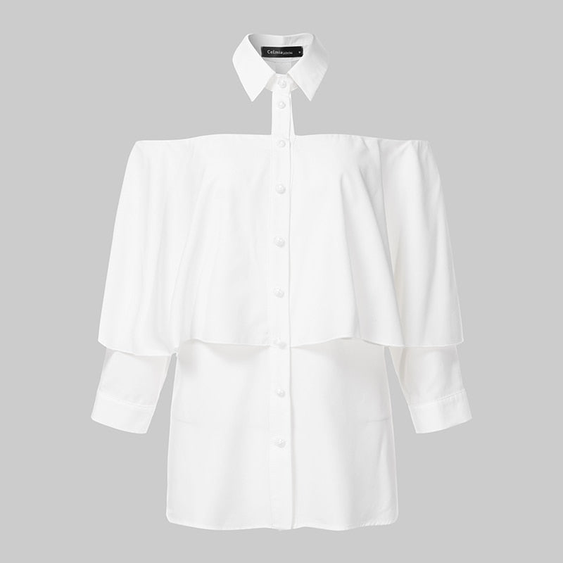 2022 Celmia Women Off Shoulder White Tops Tunics Sexy Halter Shirt Autumn Fashion Blouse 3/4 Sleeve Casual Solid Elegant Blusas voguable