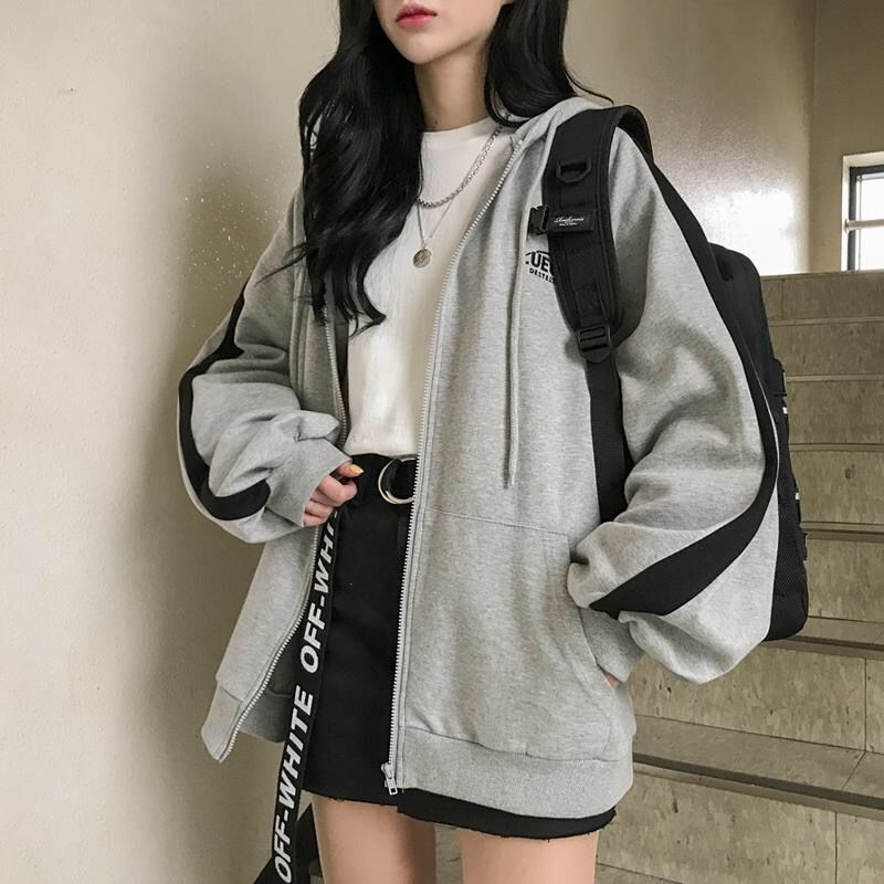 VOGUABLE  Women Hoodies Harajuku Korean Version Zip Up Loose Oversized Sweatshirts Casual Solid Color Long Sleeve Hooded Sweatshirt Coats voguable