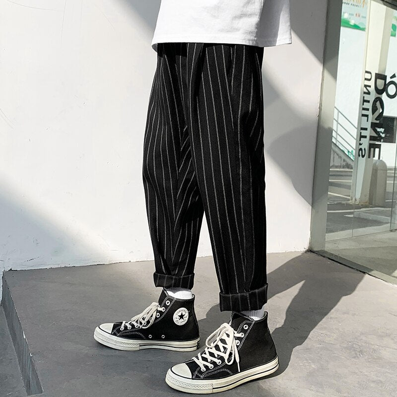 Voguable Korean Striped Harem Pants Men's 2021 Streetwear Man Casual Loose Japanese Men Black Gray Retro Plaid Harajuku Punk Pants voguable