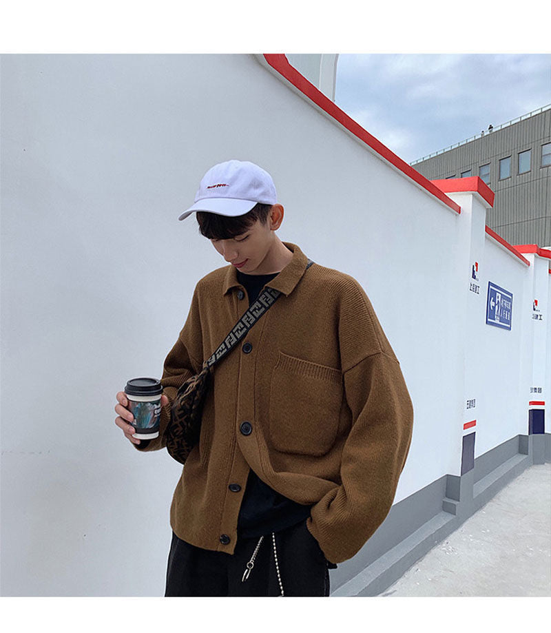 Voguable Oversize Cardigan Men Thick Ins Autumn and Winter Retro Loose Casual Button Solid Color Couple Knit Mens Cardigan Sweater Coat voguable