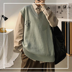 Men Printed Sweater Vests Loose Knitted Students Unisex Couple Daily All-match Fashion Leisure Males Jumpers Outwear Soft Chic voguable