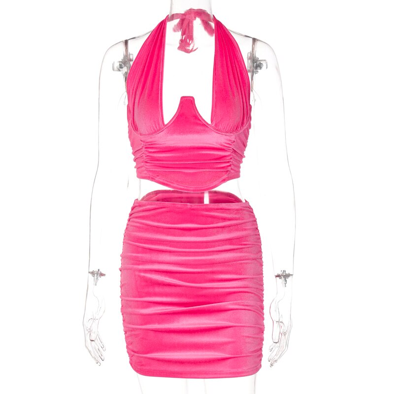 Voguable Velvet Halter Sleeveless Pleated Crop Top Mini Dress 2 Pcs Matching Sets 2022 Fall Bodycon Evening Party Elegant voguable