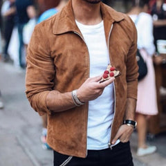 Voguable Autumn Fashion Suede Coats For Men Solid Turn-down Collar Zipper Tops Coats 2021 New Winter Casual Long Sleeve Slim Men Jackets voguable