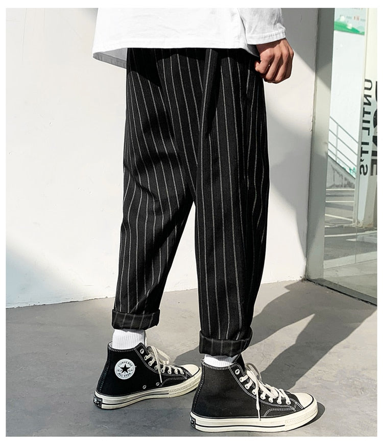 Voguable Korean Striped Harem Pants Men's 2021 Streetwear Man Casual Loose Japanese Men Black Gray Retro Plaid Harajuku Punk Pants voguable