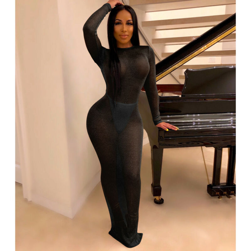 Voguable  Sexy New Women Fish Net Slim Long Dress Beach Cover-Ups Mesh Sheer See Through Maxi Dress Slim Bodycon Cover-Up Beachwear voguable