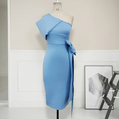 Women Bodycon Dresses One Shoulder with Bowtie Waist Belt Light Blue Dress Elegant Slim Vestido African Event Celebrate Occasion voguable
