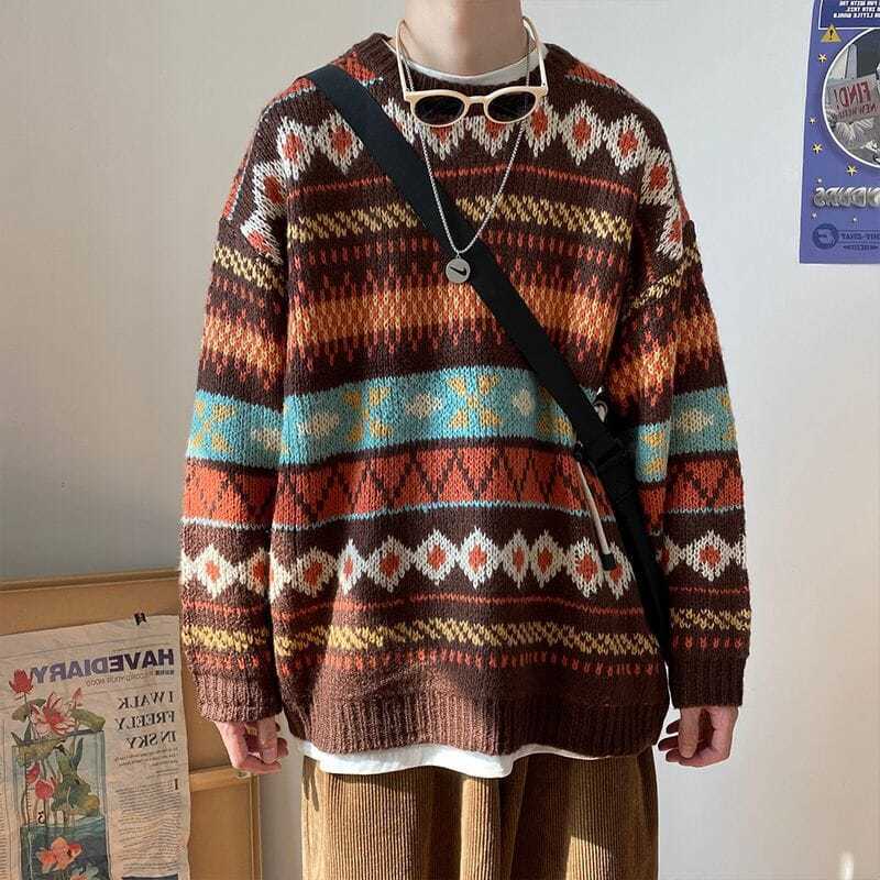 Voguable Men's Knitted Vintage Graphic Sweater with Pattern Brown Blue Pullovers Sweaters and Jumpers Korean Streetwear Harajuku voguable
