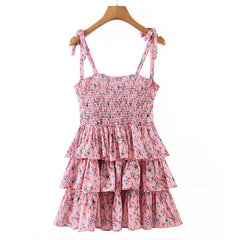 Voguable   Sweet Women Floral Print Sexy Sling Cake Dress Ladies Summer Holiday Chiffon Robe Short Vestido voguable