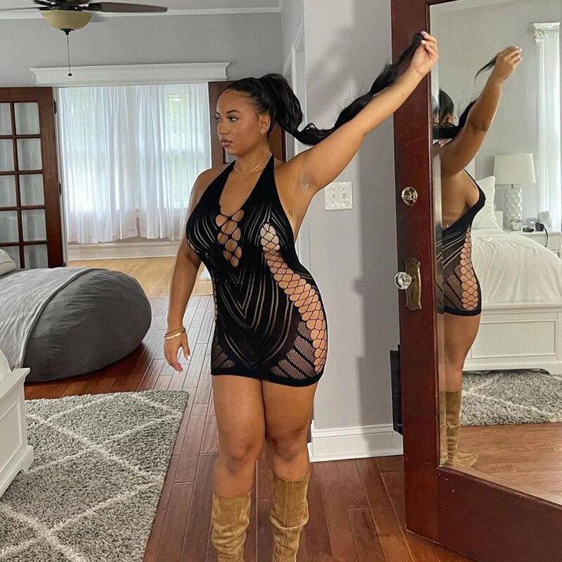 Voguable spring outfits 2022   Solid Halter Sleeveless Backless Mesh Hollow Out Mini Dress 2021 Summer Fall Bodycon Sexy Party Club Elegant Y2K voguable