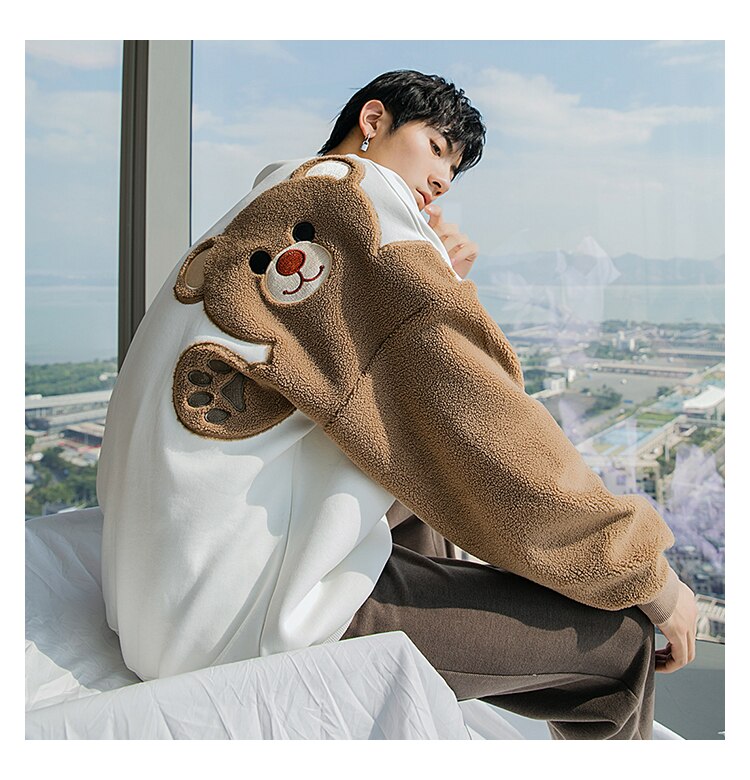 Voguable Plus Velvet Thick Autumn And Winter Round Neck Long-Sleeved Lamb Hair Embroidery Flocking Comic Bear Loose Lazy Style Sweatshirt voguable