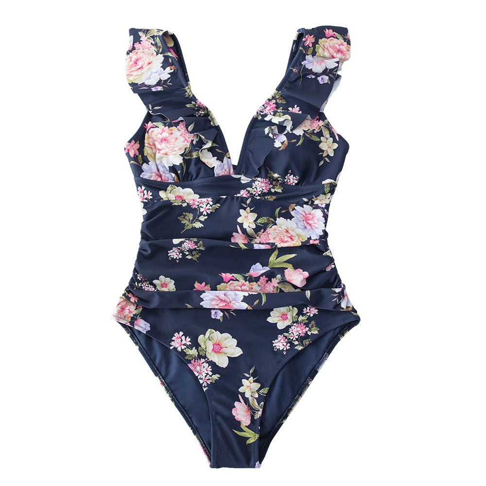 Voguable  Solid Black Ruffled One-piece Swimsuit Women Sexy Lace Up Monokini Swimwear 2022 New Girl Beach Bathing Suits voguable