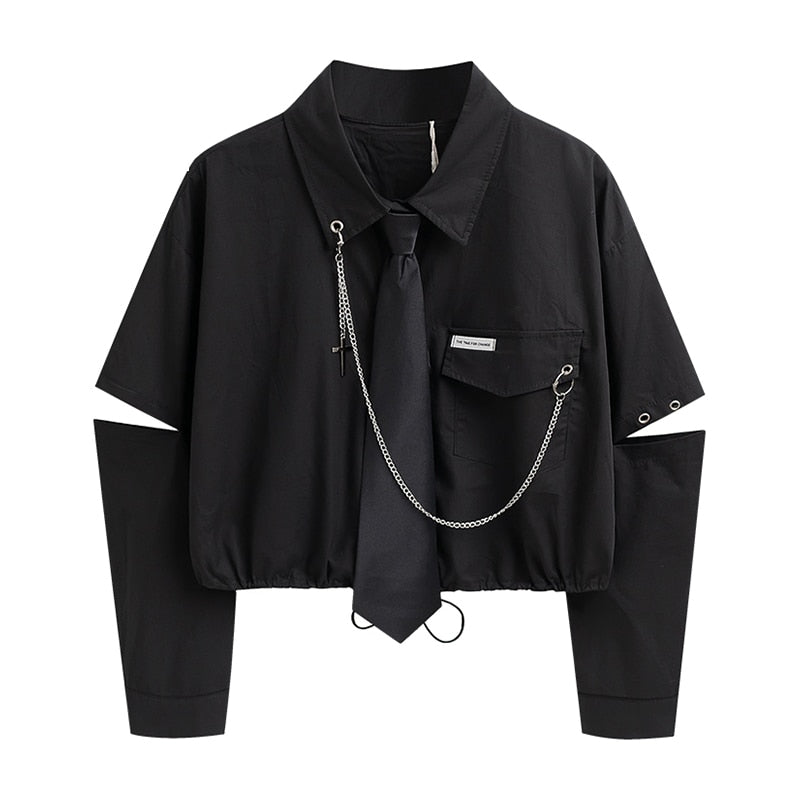 Voguable  Fashion Punk Style Women Shirt Gothic Harajuku Dark Tie And Chain Long Sleeve Split Goth Design Streetwear Blouse Girl Crop Top voguable